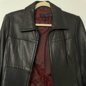 Vintage Guess Genuine Black Leather Jacket with Red Stitching (Size S)